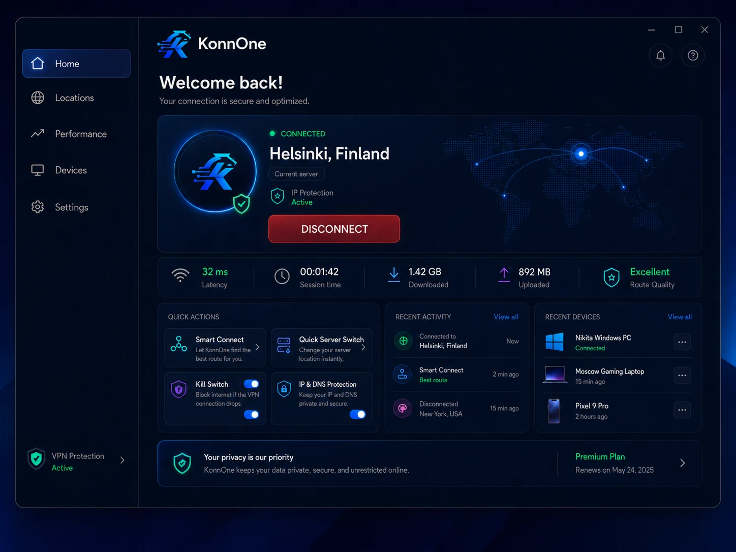 KonnOne Windows application dashboard